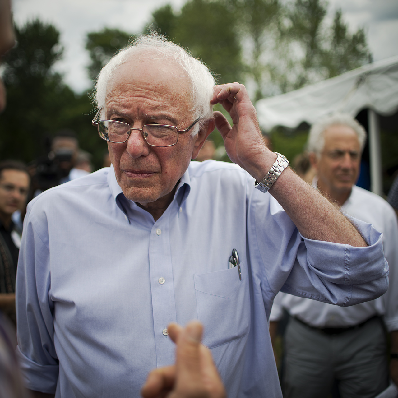 Bow, New Hampshire; June 27, 2015: Presidential candidate Senator Bernie Sanders of Vermont campaigns in neighboring New Hampshire. 125-150 people attended the Sanders' campaign's  house party at the home of Ron and Meredith Abramson. Senator Sanders after his speech.