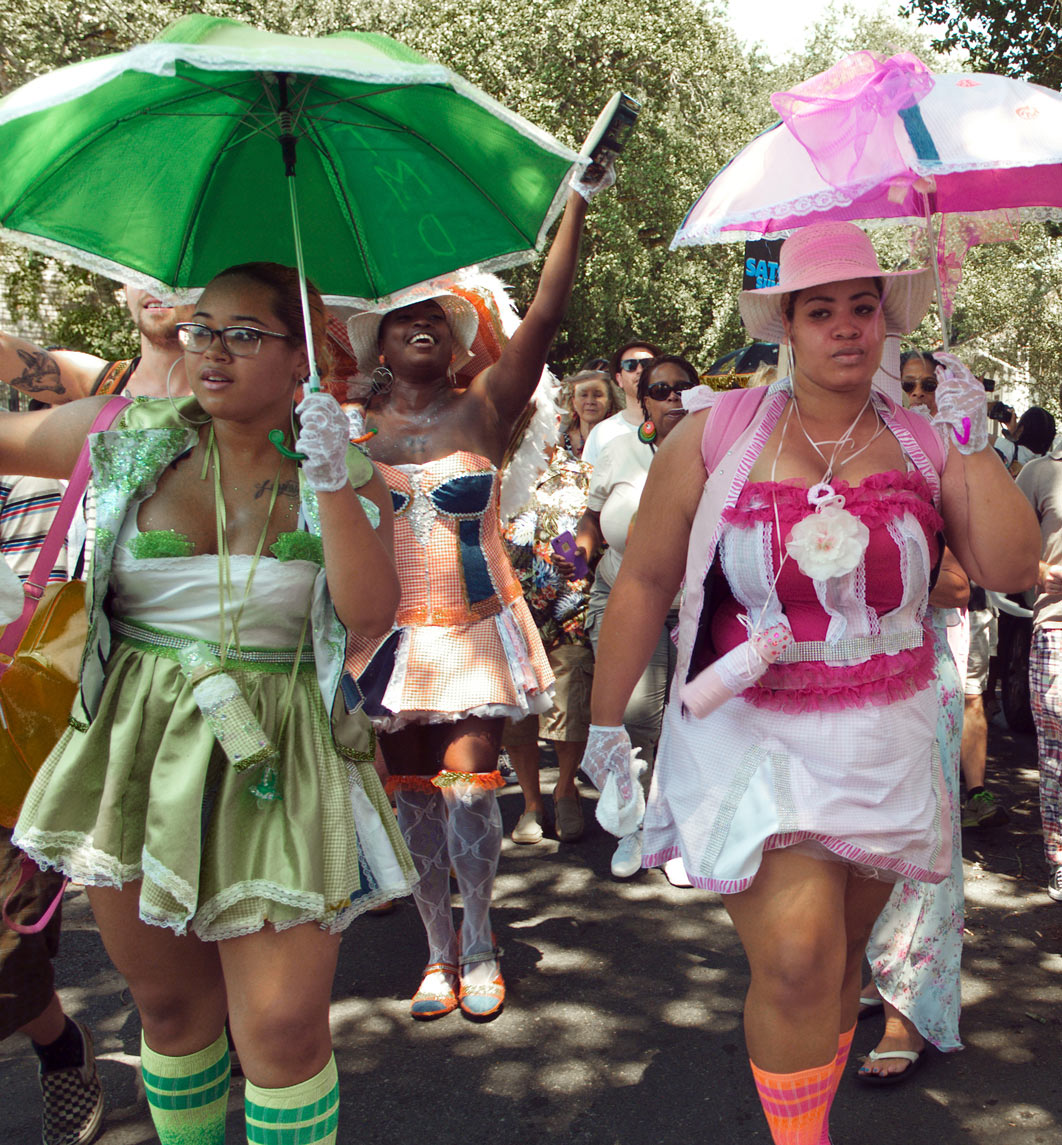 On a bright Sunday morning in New Orleans, just a couple of weeks before the 10th anniversary of Hurricane Katrina's devastating blow on the Big Easy, members of the Baby Dolls strut their stuff in a Second Line down a boulevard in the Treme neighborhood during the Satchmo Music Festival in August 2015. The city celebrates great musician Louis Armstrong, nicknamed Satchmo, for the donation of millions of dollars to various projects around the city. Second Line parades date back to the 19th century and the African-American social and pleausre clubs that sprang up during the days of the Jim Crow laws that segregated Blacks from white establishments. Hurricane Katrina washed away half the city but the culture in the Big Easy is more than skin deep and remained in tact. 