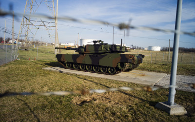 XM-1 Abrams tank prototype from 1979 preserved at the gates of the Joint Systems Manufacturing Center (US Army Tank Plant.)